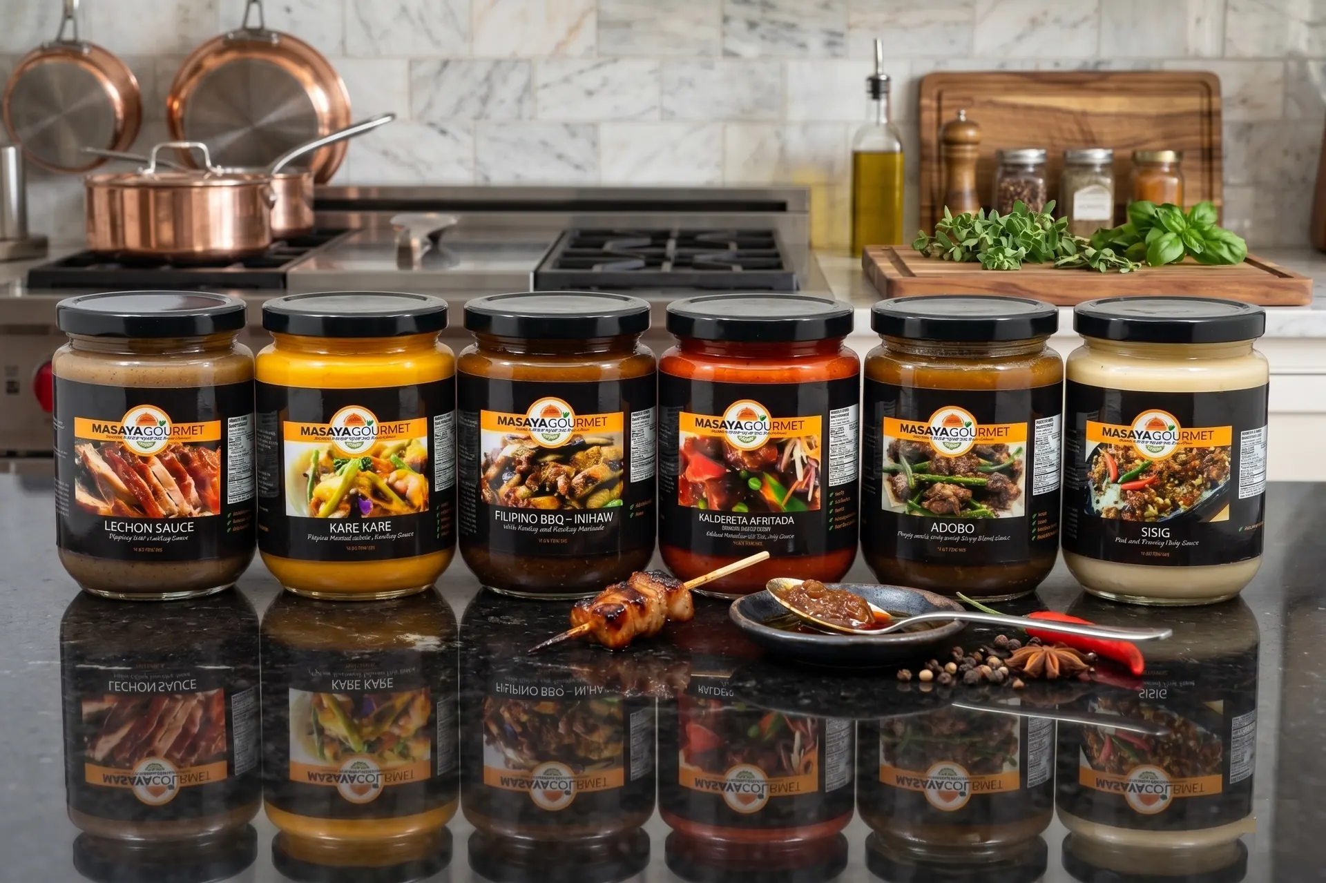 The full Masaya Gourmet sauce line on the Casa Manila stovetop