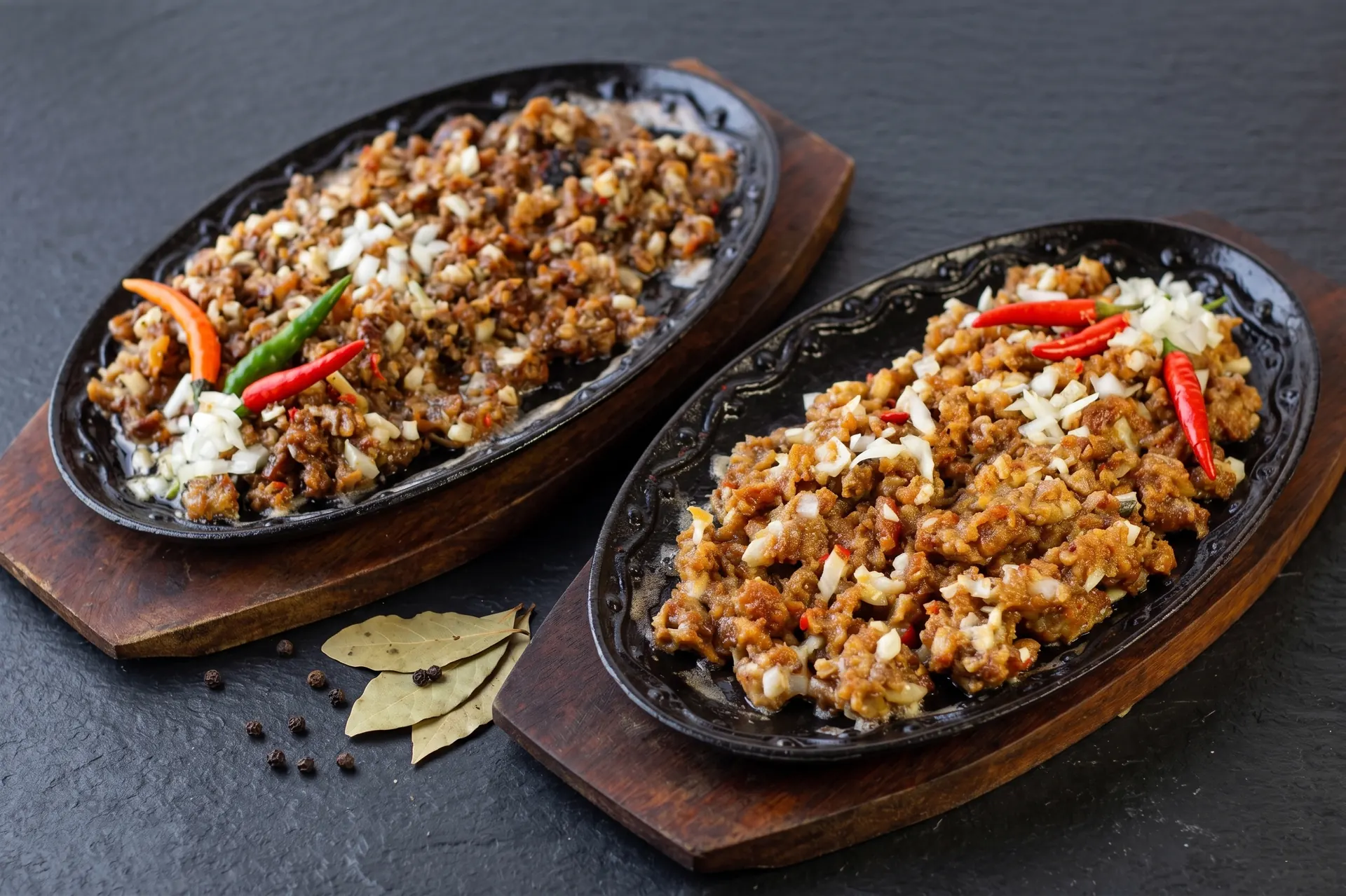 Pork and chicken sisig on cast-iron plates